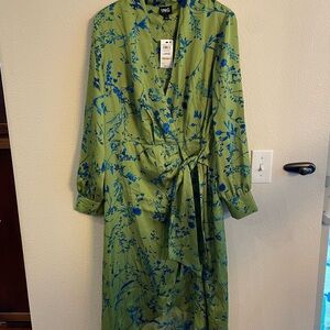 INC Green and Blue Floral Wrap Dress
